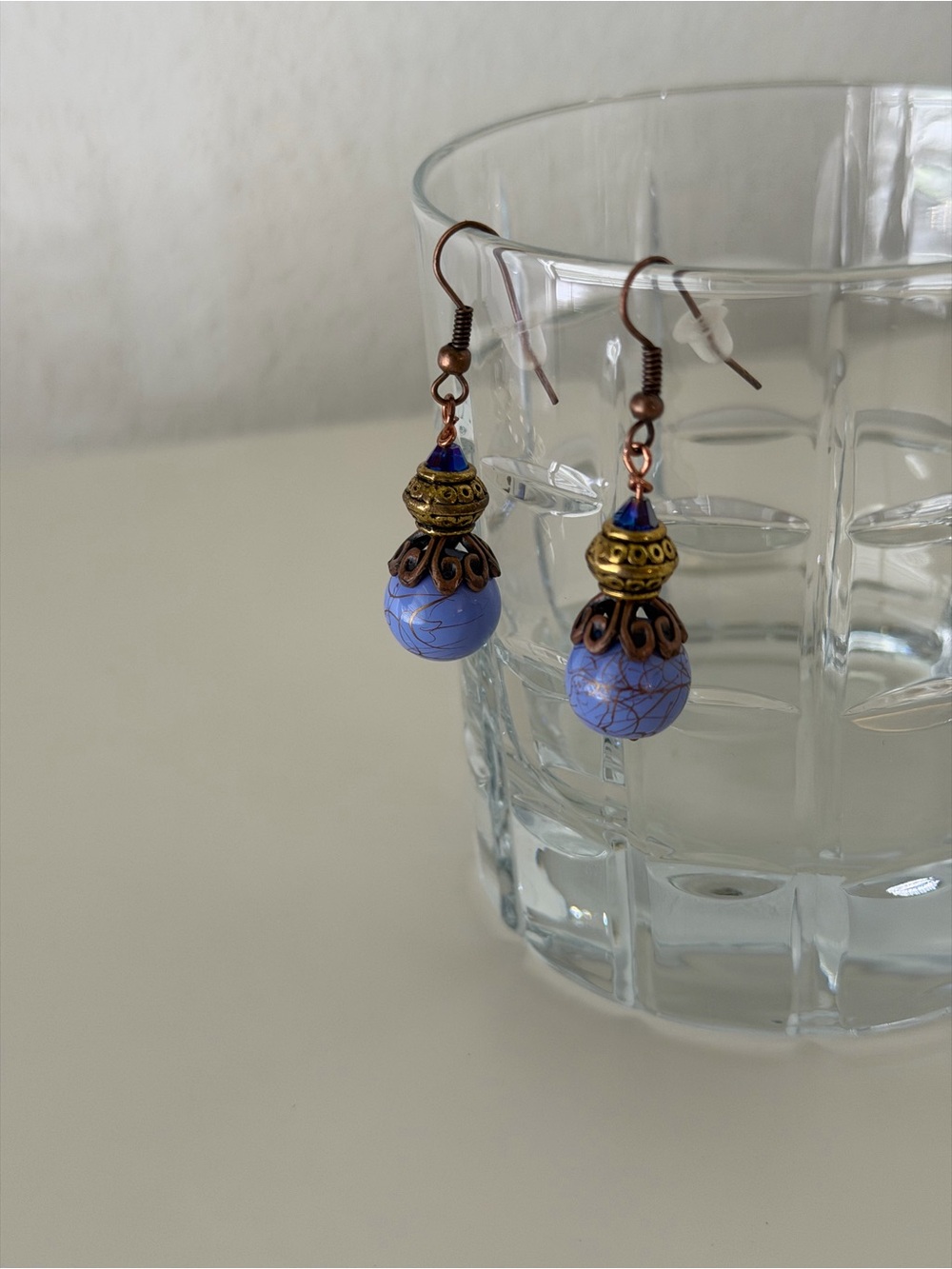 Handcrafted Lavender Bead Drop Earrings with Antiqued Brass Accents